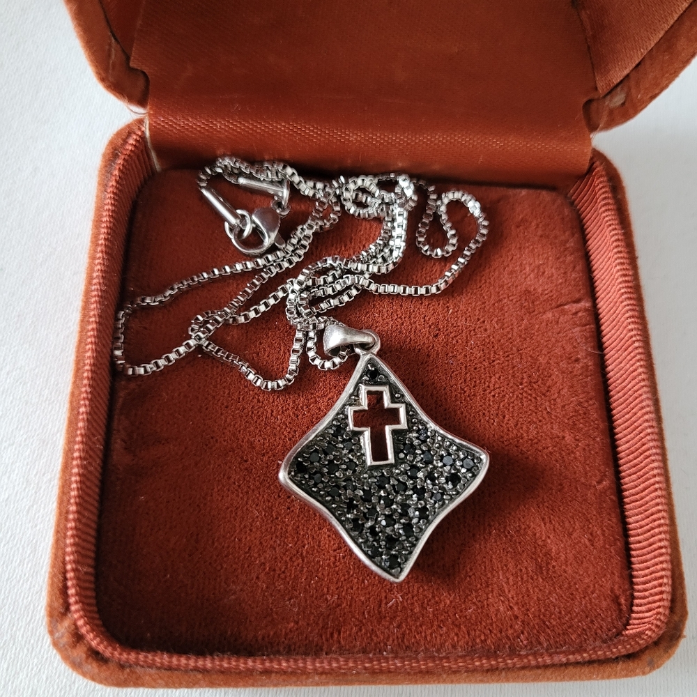 Sterling silver cross pendant with black rhinestones. Cross necklace. Gift idea.